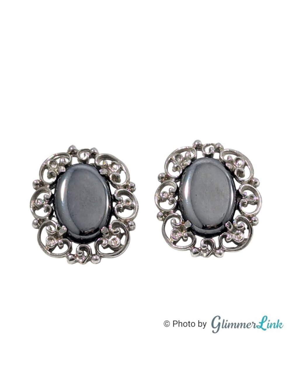 Vintage Hematite Glass Cabochon Filigree Silver Tone Clip On Earrings